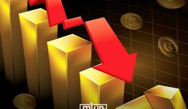A graphic illustrating a decline in gold prices, featuring gold bars, coins, and a downward-trending arrow, by MWN Design Team.