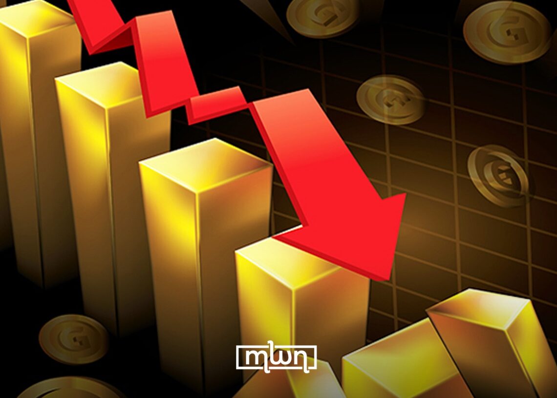 A graphic illustrating a decline in gold prices, featuring gold bars, coins, and a downward-trending arrow, by MWN Design Team.