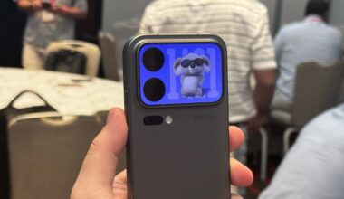 A hand holds up the back of a phone showing a rear screen with a koala bear animation.