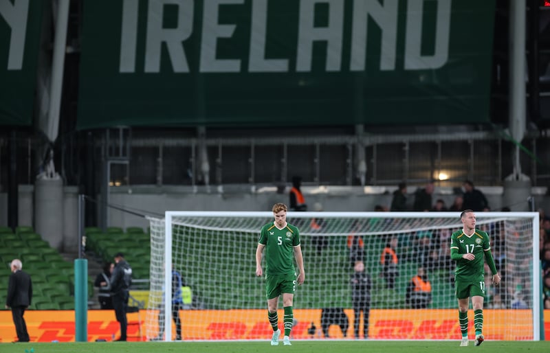 Ireland’s Jake O’Brien dejected after his side conceded their second goal against Austria. Photograph: Ryan Byrne/Inpho