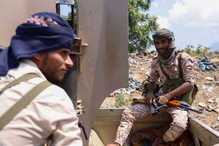 Saudi-backed Yemen government soldiers gather near the Jabal Han front, west of the city of Taiz, following fierce battles earlier in the day as Yemen's Houthis reportedly attempted to seize control of the main route between the inland city of Taiz and the coastal city of Aden, on October 3, 2026.