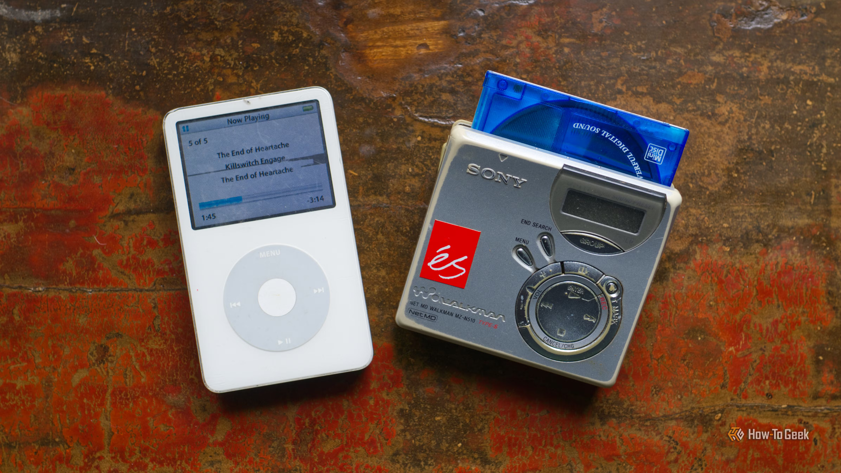 An Apple iPod and a SOny NetMD MiniDisc player.