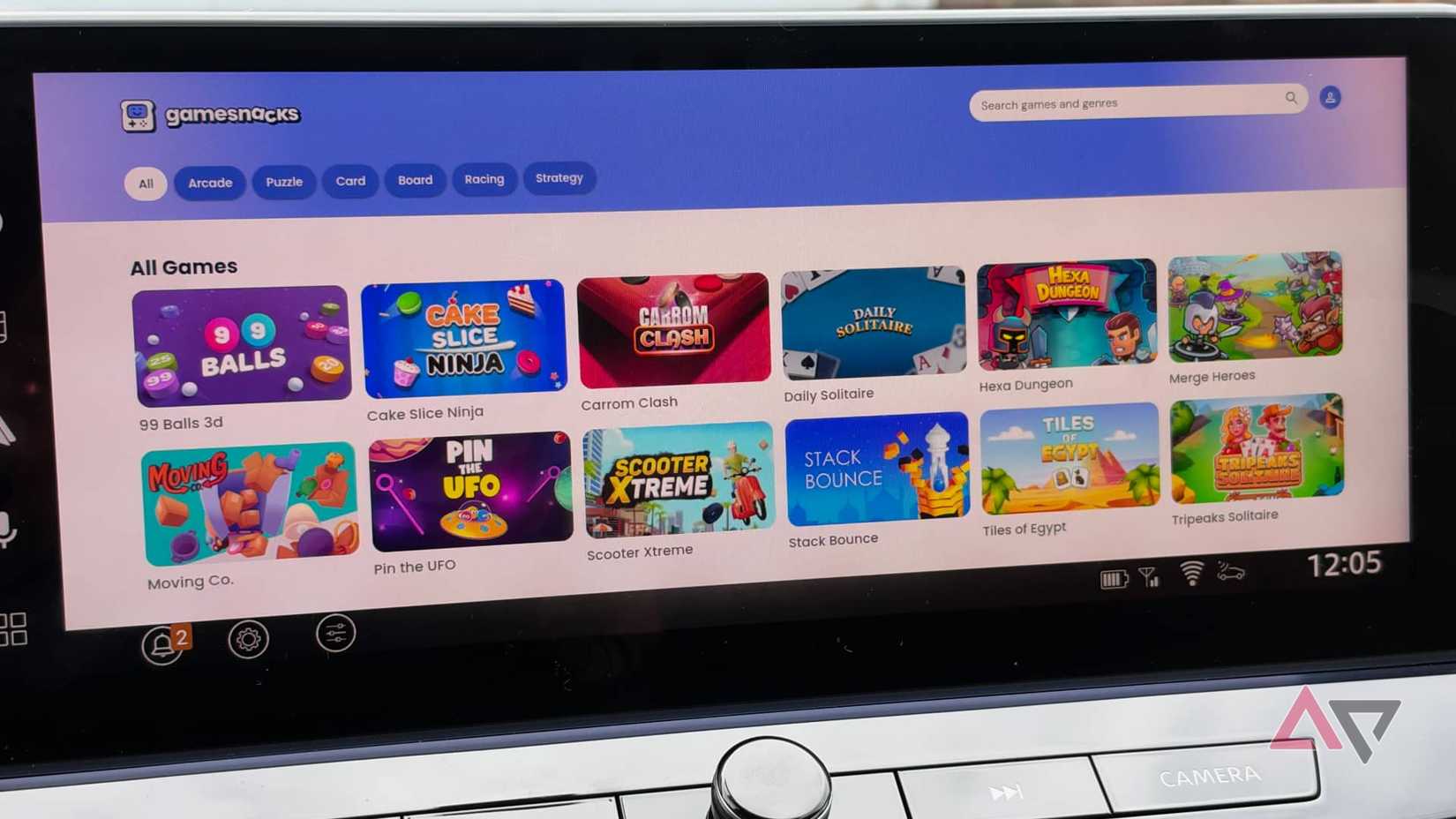 A car dashboard infotainment screen showing Google GameSnacks