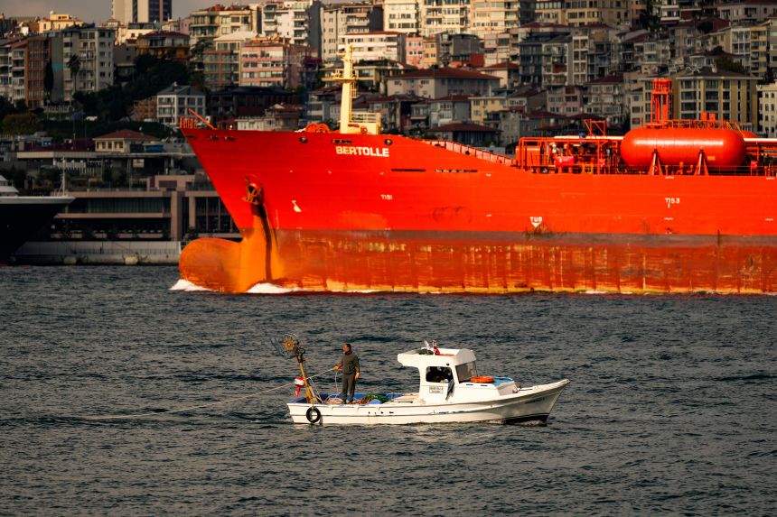 The LPG and chemical tanker Bertolle sails through the Bosporus in Istanbul, Turkey, on Wednesday, Oct. 7.