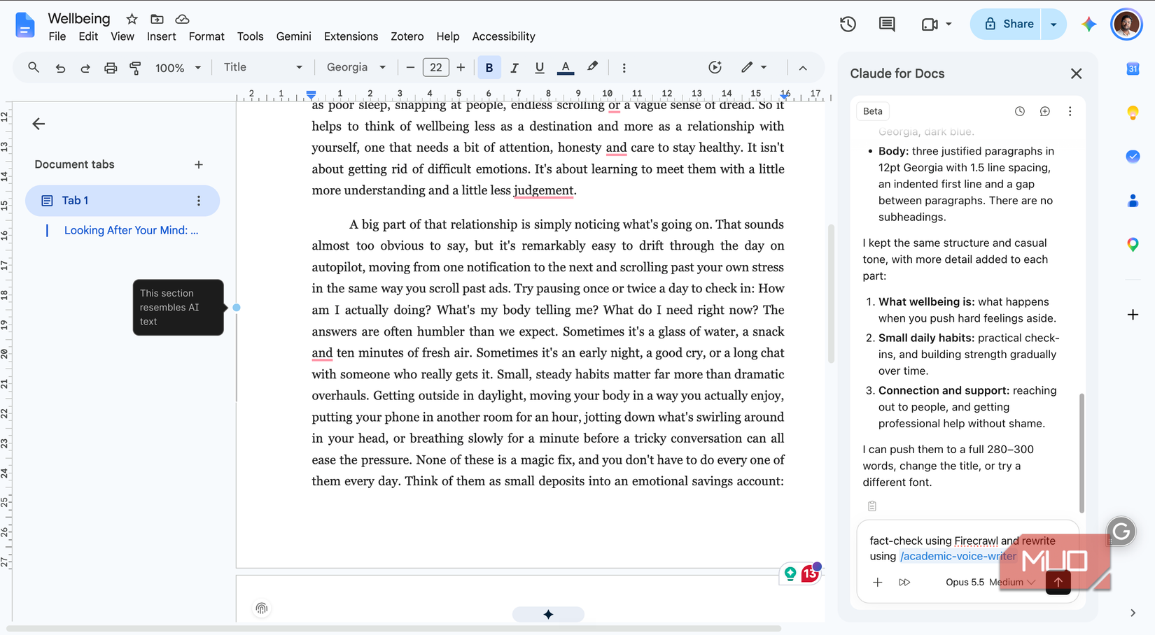 asking Claude for a workspace to fact-check using a connector and rewrite the document