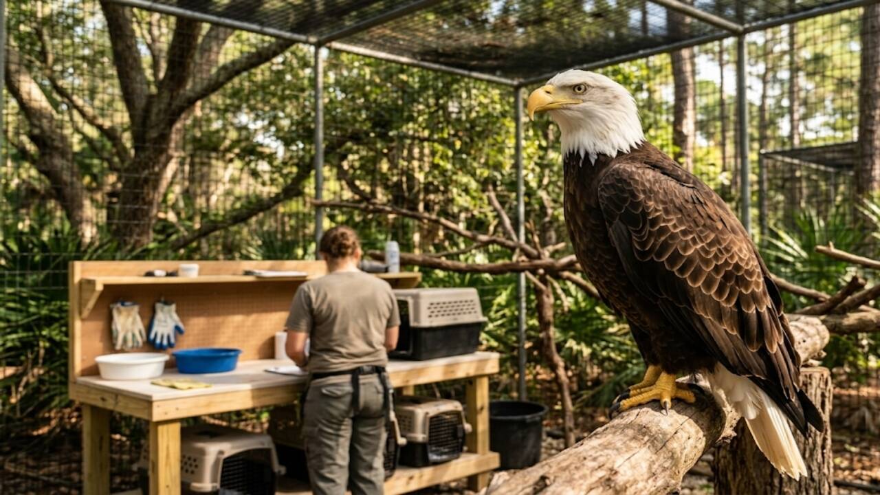 AI-generated representative image showing a bald eagle receiving care in a wildlife rehabilitation aviary. Credits - Gemini bald eagle<br>
