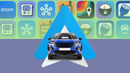 Blue car centered on an Android Auto logo, with a background grid of app icons