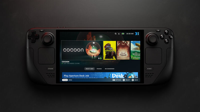 A Steam Deck showing the SteamOS library screen