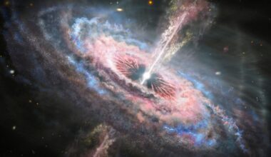 Illustration of an active quasar in a galaxy. The quasar is emitting from the centre of a spiral galaxy. The quasar is powered by material falling into the supermassive blackhole at the centre of the galaxy. This produces high energy radiation which pushes material away from the centre of the galaxy. This quasar wind propels material into the surrounding gas and dust of the galaxy which heats up, shown in blue in the spiral arms.