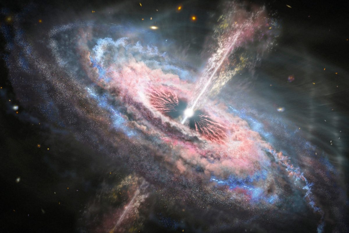Illustration of an active quasar in a galaxy. The quasar is emitting from the centre of a spiral galaxy. The quasar is powered by material falling into the supermassive blackhole at the centre of the galaxy. This produces high energy radiation which pushes material away from the centre of the galaxy. This quasar wind propels material into the surrounding gas and dust of the galaxy which heats up, shown in blue in the spiral arms.