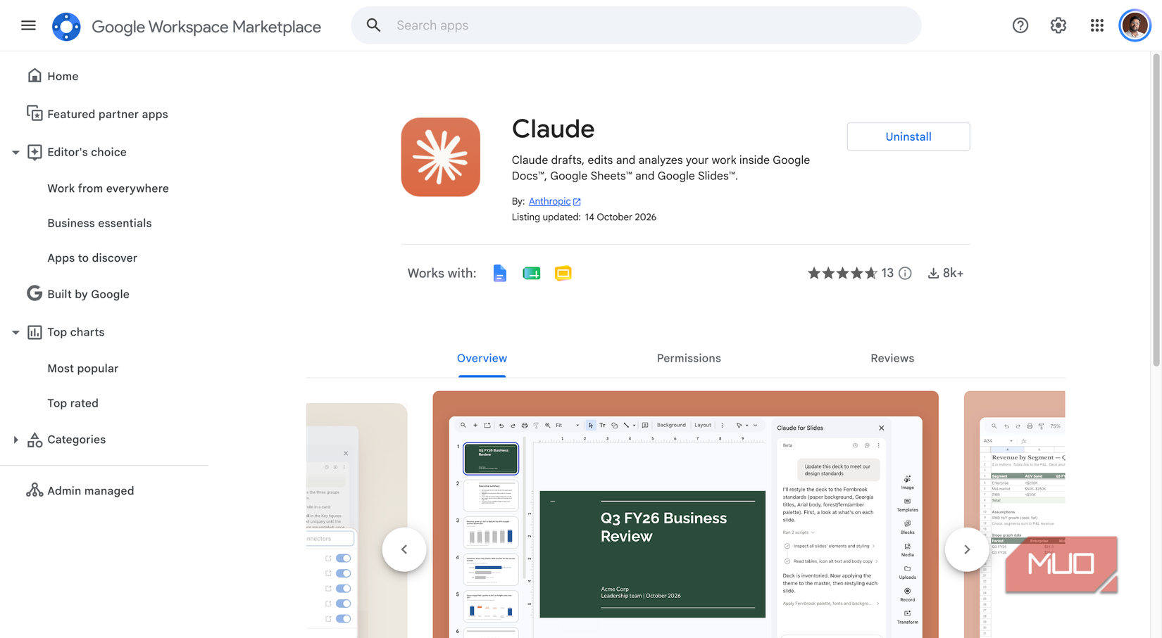 Google Marketplace entry for Claude for Google Workspace