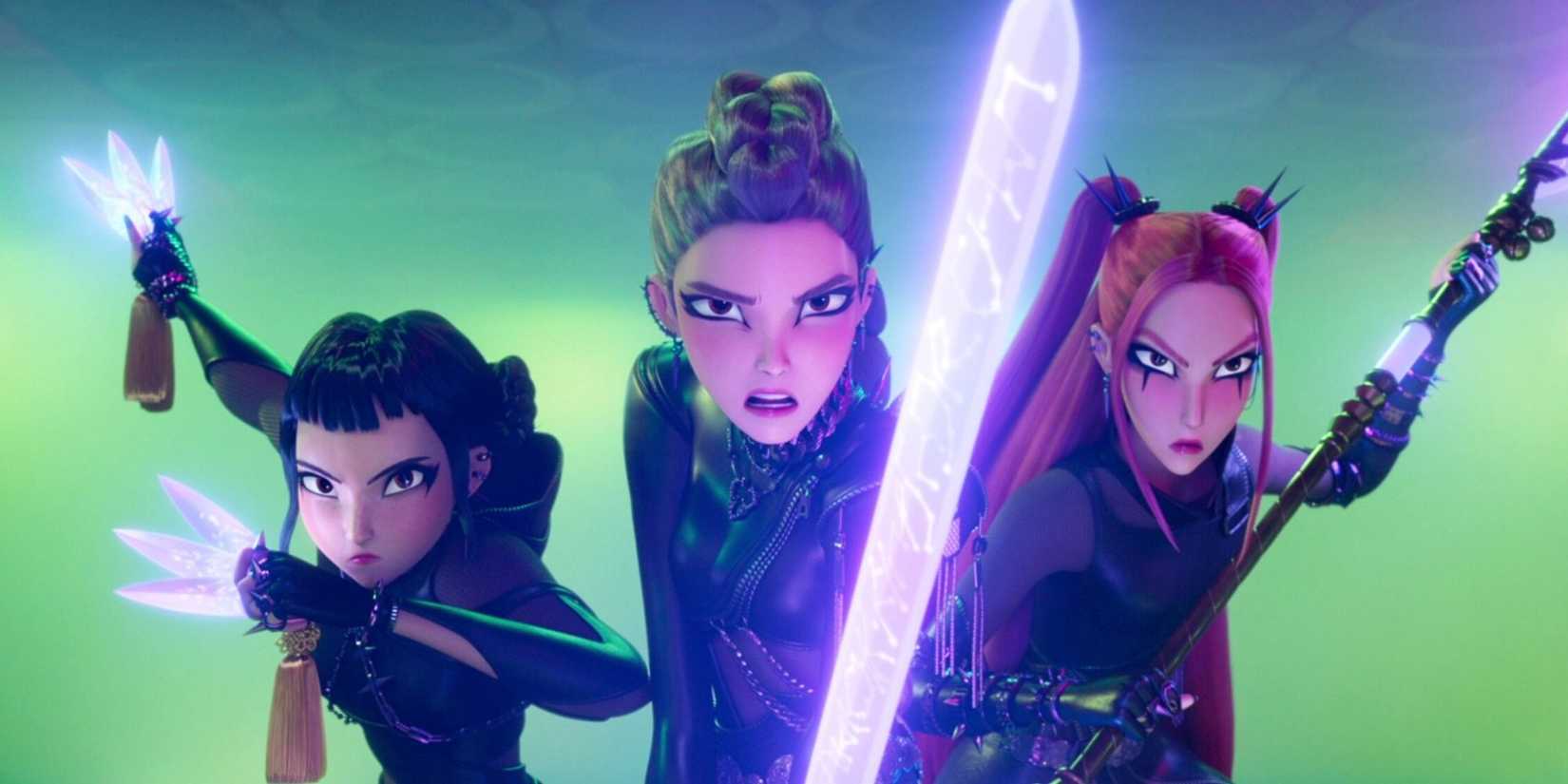 KPOP DEMON HUNTERS, (aka KPOP: DEMON HUNTERS), from left: Zoey (voice: Ji-Young Yoo), Rumi (voice: Arden Cho), Mira (voice: May Hong), 2025. © Netflix / Courtesy Everett Collection