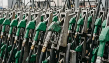 Commercial heavy goods vehicle refuelling at a fuel station pump