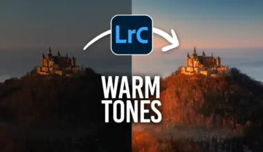 Split graphic of a hilltop castle at dusk, cool blue on the left and warm golden on the right, with the Lightroom Classic logo and WARM TONES text