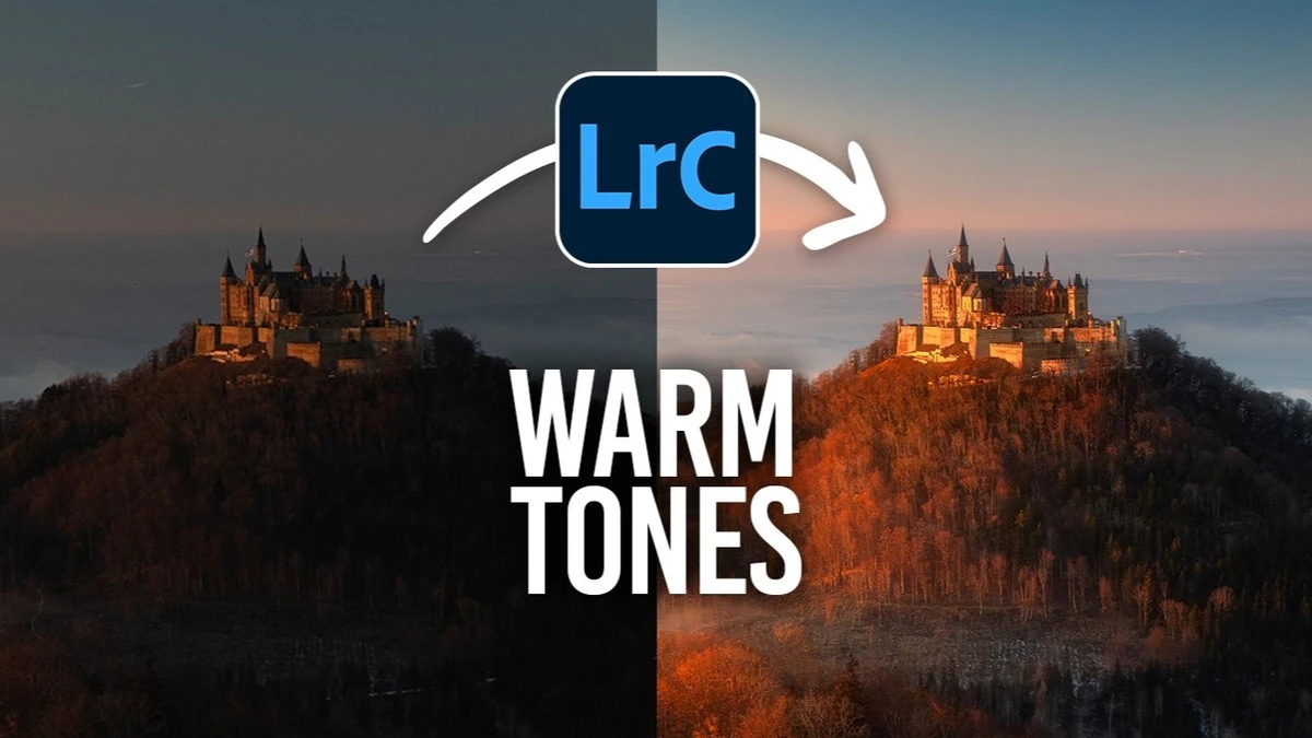 Split graphic of a hilltop castle at dusk, cool blue on the left and warm golden on the right, with the Lightroom Classic logo and WARM TONES text