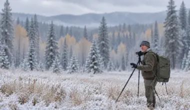 Photographer with a tripod and camera in a snowy meadow, backed by frosted evergreens and golden aspens