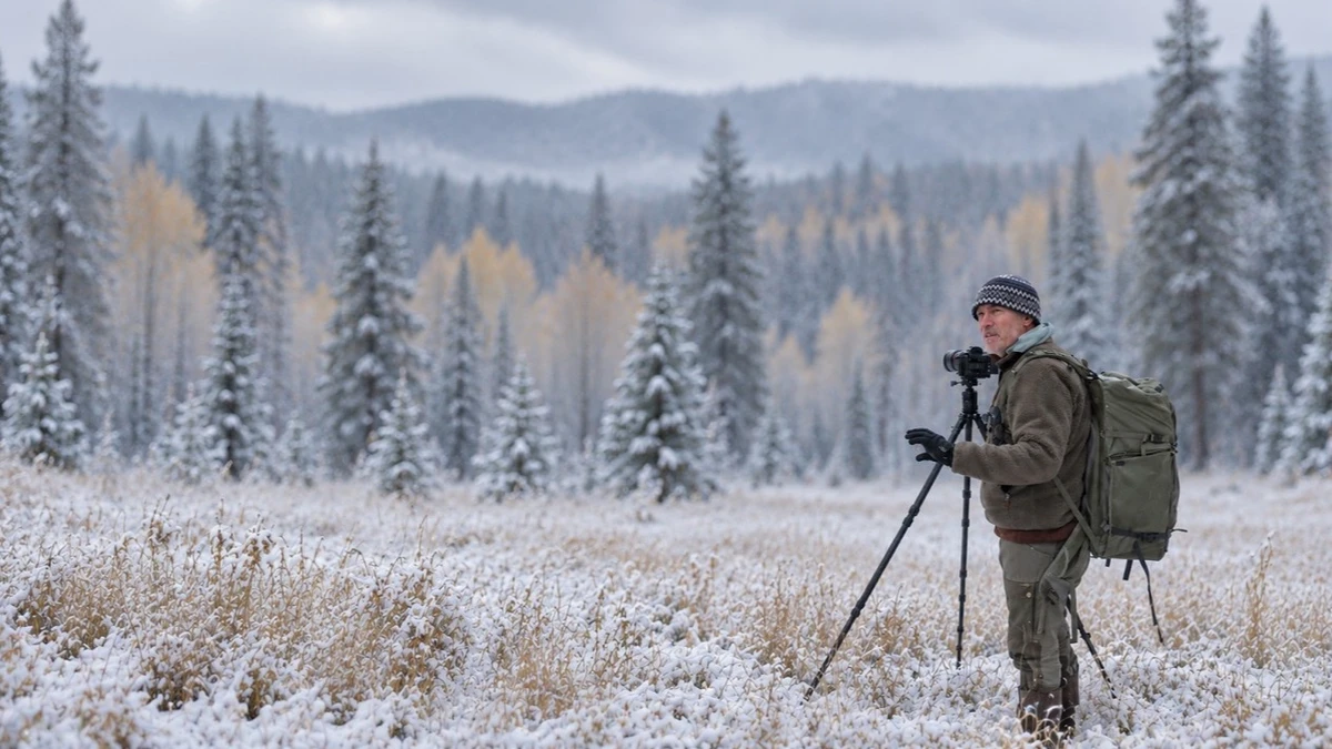 Photographer with a tripod and camera in a snowy meadow, backed by frosted evergreens and golden aspens