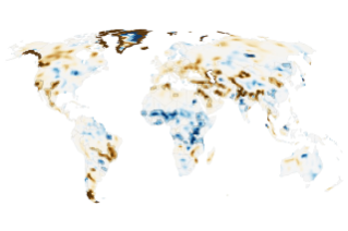 A global map depicts trends of terrestrial water storage over more than two decades, with increases shown in shades of blue and declines in orange and brown.