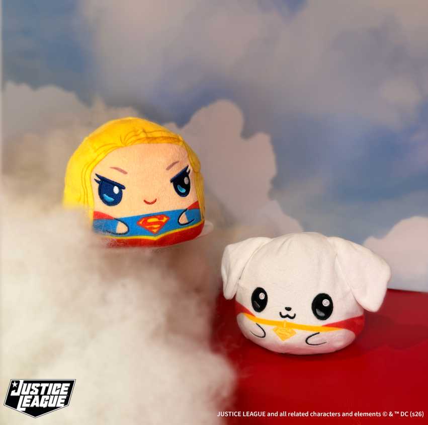 TeeTurtle's Justice League Reversible Plush collection includesBatman/Joker, Clark Kent/Superman, Supergirl/Krypto, and Wonder Woman/Cheetah.