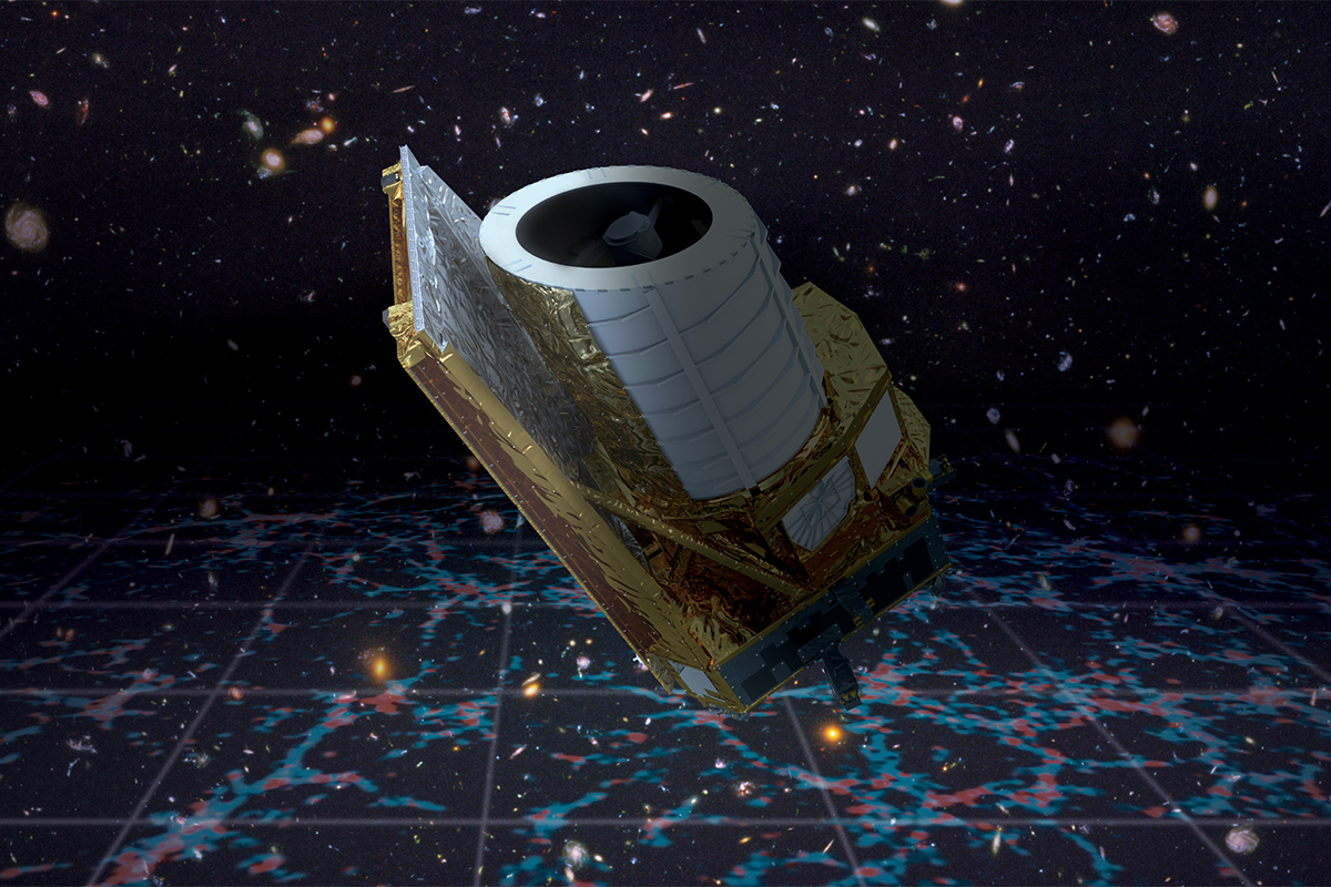 Artist’s impression of the Euclid spacecraft observing the dark Universe. Credit: ESA/Euclid/Euclid Consortium/NASA. Background galaxies: NASA, ESA, and S. Beckwith (STScI) and the HUDF Team, CC BY-SA 3.0 IGO
