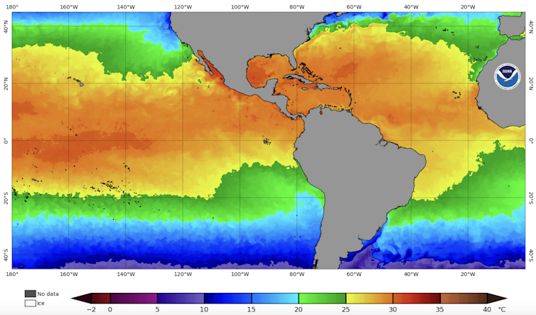 A map shows water temperatures very warm in the Gulf.