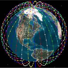 Earth, surrounded by lines of coloured dots.