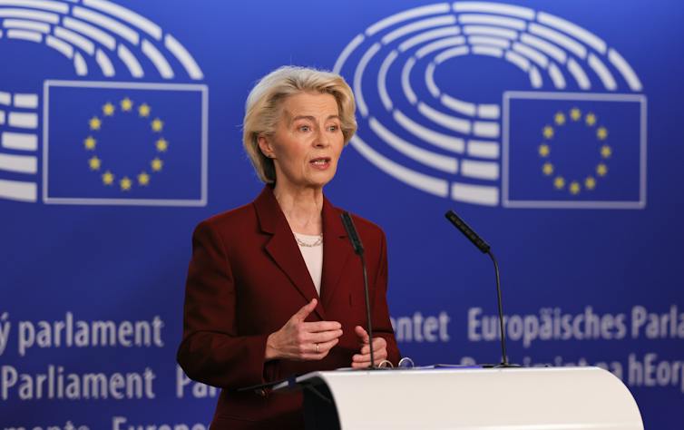 Ursula von der Leyen delivers a statement at the European Parliament in Strasbourg.