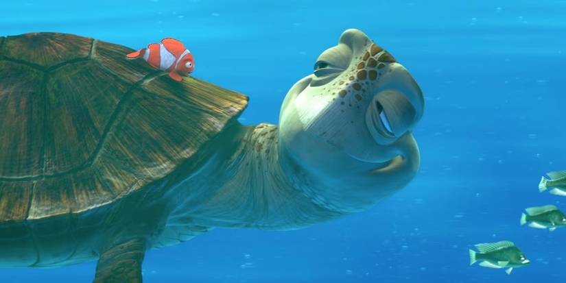 Crush, a seaturtle voiced by Andrew Stanton smiles at Marlin who is riding on his back in Finding Nemo.