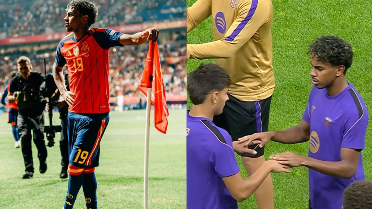 Lamine Yamal plays hilarious hand-slapping game with Barcelona teammate before Champions League match