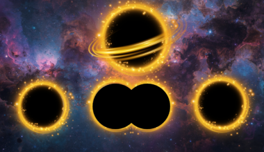 An illustration shows a single black hole spliting into two