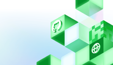Geometric blocks featuring the GitHub invertocat logo and a web icon in a decorative background.