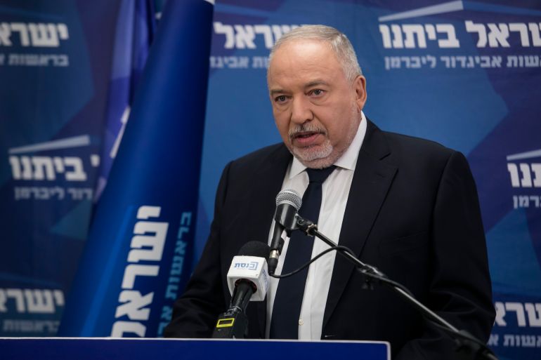 JERUSALEM, ISRAEL - JUNE 27: Israeli Minister of Finance, Avigdor Lieberman speaks at the start of Yisrael Beiteinu's party meeting on June 27, 2022 in Jerusalem, Israel. The dissolution of Israel's parliament, prompted by the collapse of its eight-party governing coalition, would force the fifth election in the last four years. (Photo by Amir Levy/Getty Images)
