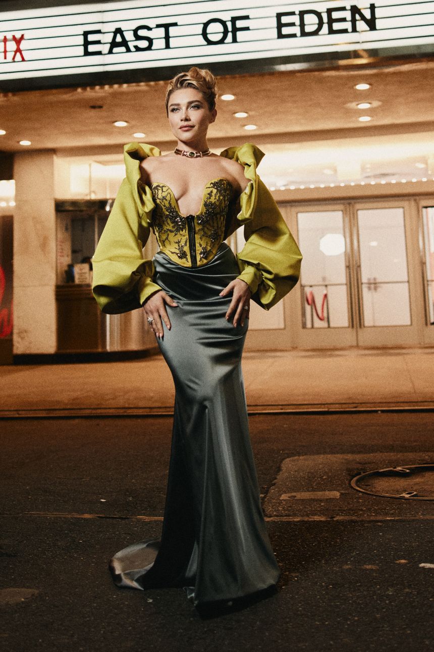 The Vivienne Westwood gown featured an embroidered chartreuse corset and sleeves above a metallic gray skirt