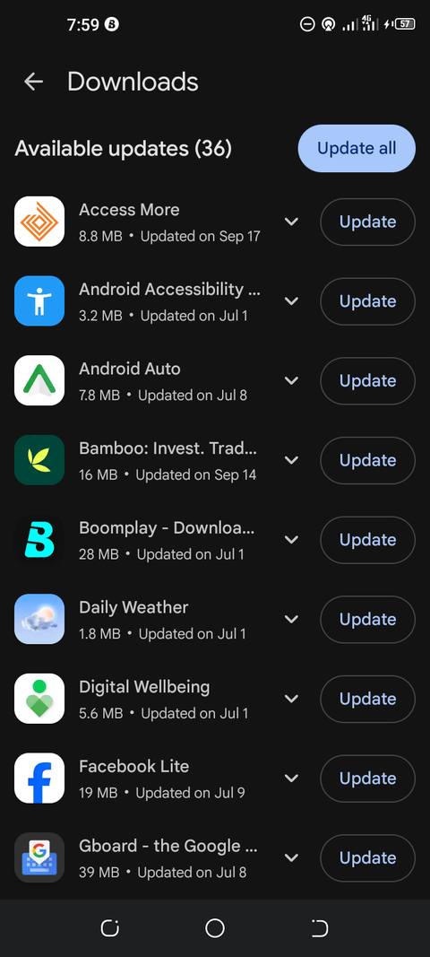 Google Play Store Downloads screen showing pending available updates list with Update All button