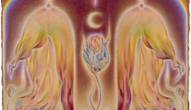 an abstract, surreal, dreamy painting with slightly fuzzy edges made with oil paint and colored pencil referencing flowers and the moon in a symmetrical composition