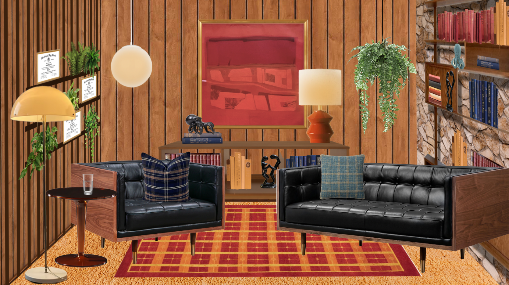 A rendered image of Jake Shane's podcast studio, with warm colors and mid century furniture
