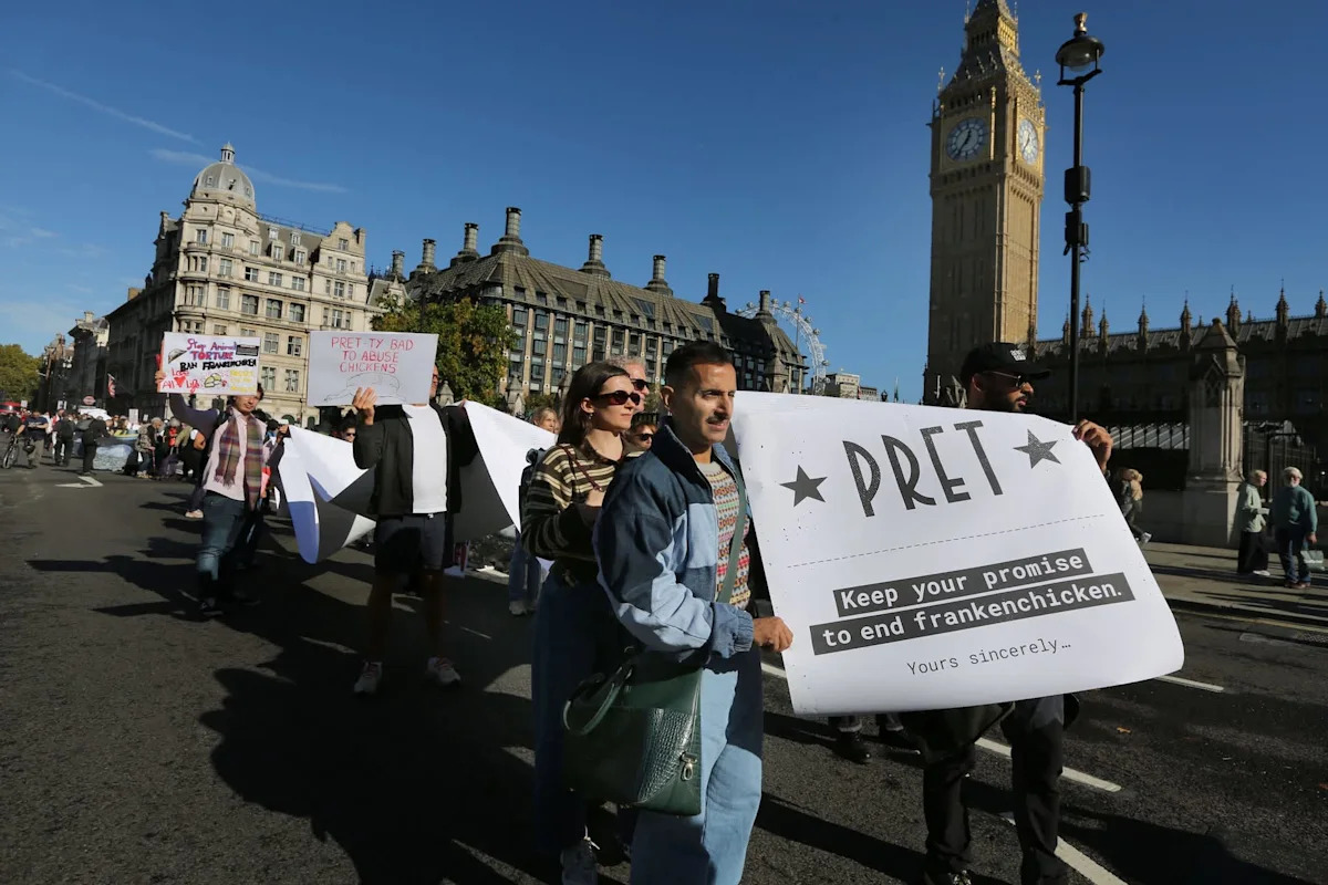 In the UK, Pret faces a 100,000-signature protest after pushing its 'frankenchicken' pledge to 2032