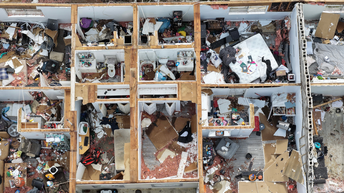 In an aerial view, an apartment complex is seen after the roof was blown off when Hurricane Isaias passed through the area on October 10, 2026, in Milton, Florida.