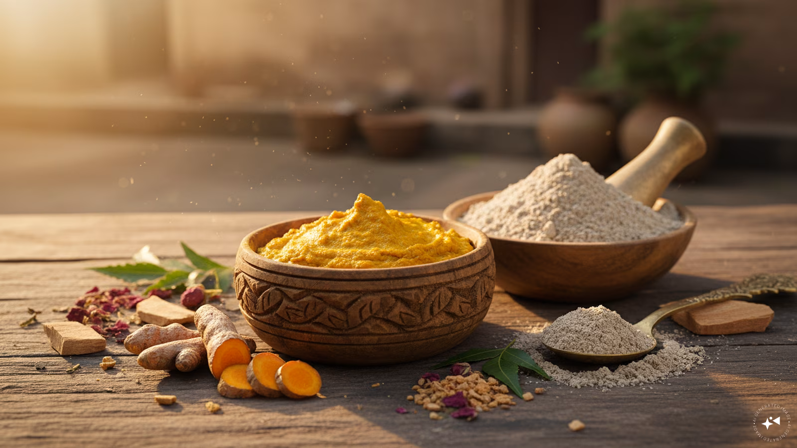 The actress said she mixed a little multani mitti with haldi. For her, the combination “really worked like magic”. “For me, haldi is magic,” she said, adding that she is a fan of the ingredient and swears by it. (Image: AI-generated) The actress said she mixed a little multani mitti with haldi. For her, the combination “really worked like magic”. “For me, haldi is magic,” she said, adding that she is a fan of the ingredient and swears by it. (Image: AI-generated)