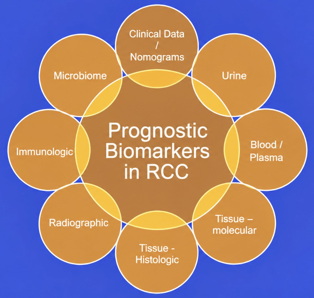 Having established the rationale for improved risk stratification, Dr. Sharma introduced the broad range of prognostic biomarkers currently being investigated in RCC. These included clinical data and nomograms, urine-based biomarkers, blood and plasma biomarkers, tissue-based molecular signatures, tissue histology, radiographic features, immunologic biomarkers, and the microbiome. Each approach offers a different opportunity to characterize tumor biology and estimate the risk of recurrence following nephrectomy: