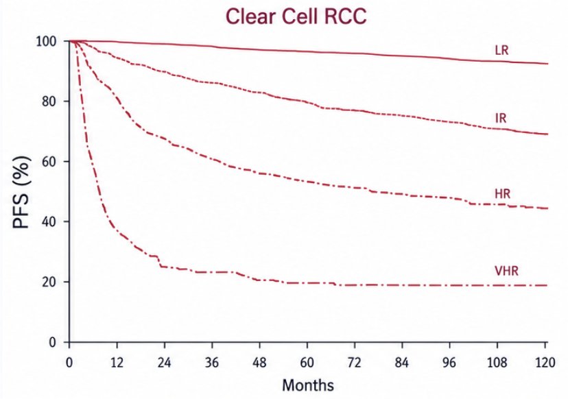 Among these approaches, clinical prognostic models remain the most established and readily applicable in routine practice. AUA low-risk disease includes pT1 tumors with grade 1/2 histology. Intermediate-risk disease includes pT1 grade 3/4 tumors or pT2 tumors of any grade, while high-risk disease includes pT3 tumors of any grade. Very-high-risk disease includes pT4 or pN1 disease, sarcomatoid or rhabdoid differentiation, or macroscopic positive surgical margins. In 2024, Dr. Sharma and colleagues provided Mayo Clinic validation of the AUA risk groups,9 showing that these classifications provide meaningful separation in progression-free survival across risk categories. In this analysis, the Mayo Clinic progression-free survival model demonstrated an AUC of 0.82 compared with an AUC of 0.78 for the AUA risk classification system: