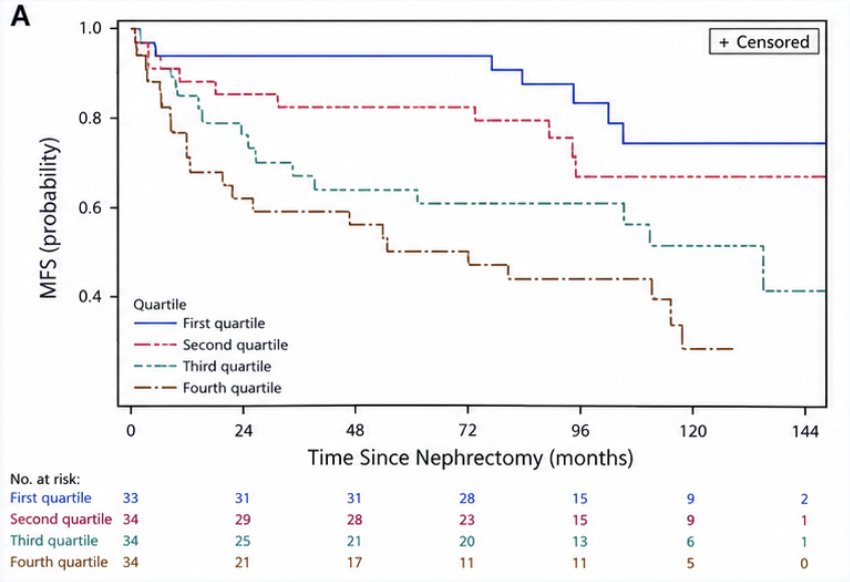 Dr. Sharma next examined circulating biomarkers, focusing initially on kidney injury molecule-1 (KIM-1). In 2024, Xu and colleagues [10] evaluated preoperative plasma KIM-1 as a potential biomarker for distinguishing RCC from benign renal masses and predicting oncologic outcomes following nephrectomy. In this study of 162 patients, preoperative plasma KIM-1 levels were associated with metastasis-free survival following nephrectomy. Patients were stratified according to KIM-1 quartiles, with higher concentrations associated with less favorable oncologic outcomes: