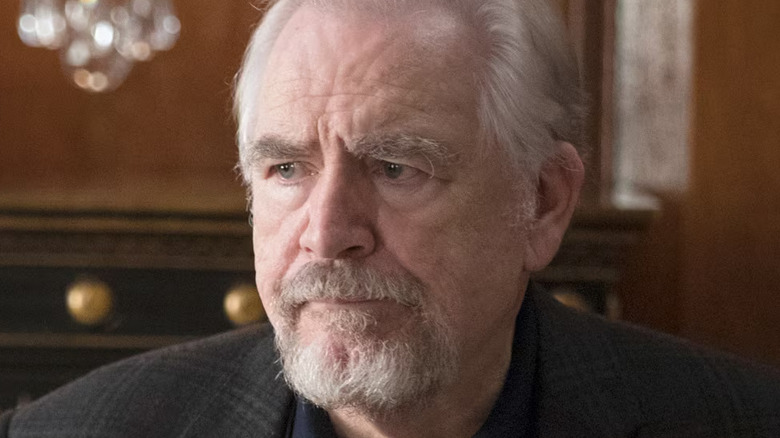 Brian Cox as Logan Roy, looking concerned on Succession.