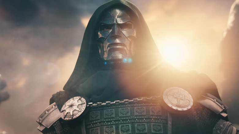 Roberty Downey Jr's Victor Von Doom is seen against a cloudy sky in Avengers Doomsday