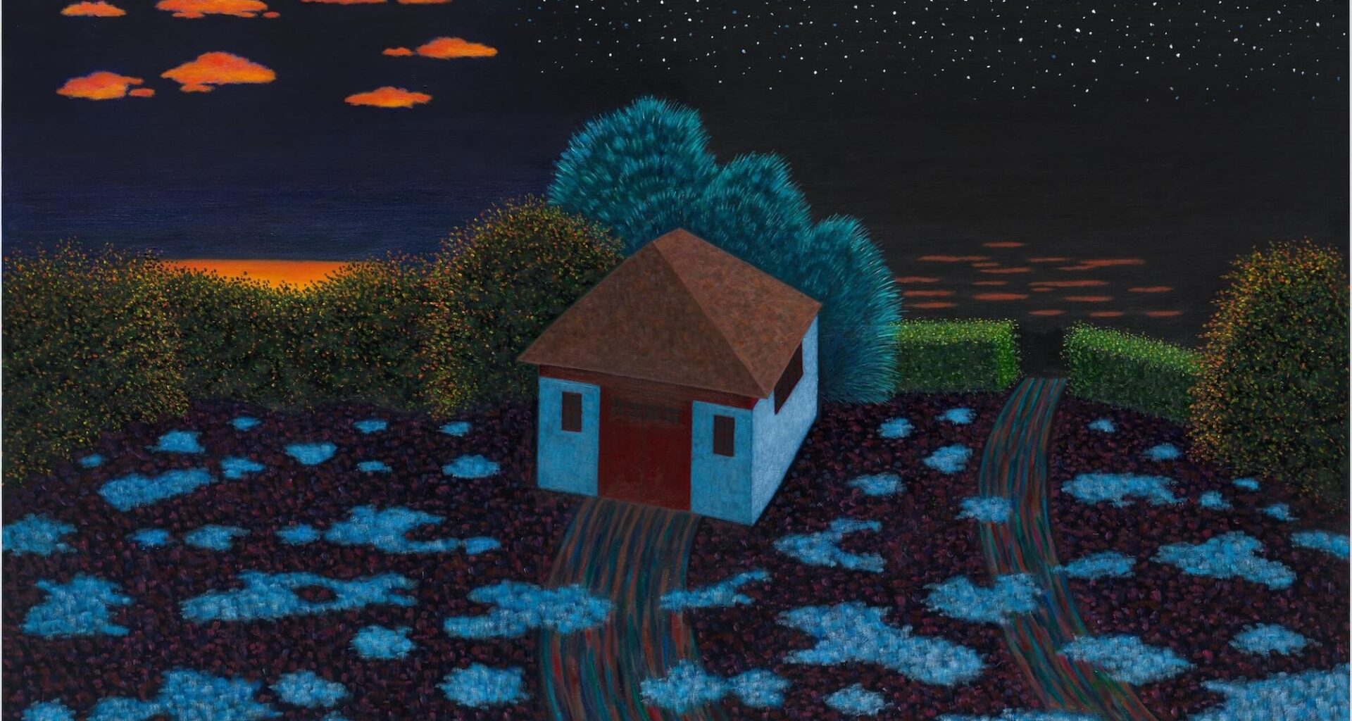 a nighttime painting of a small house nestled beside some trees beneath a glowing sky with clouds and snow-spotted ground
