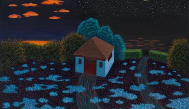 a nighttime painting of a small house nestled beside some trees beneath a glowing sky with clouds and snow-spotted ground