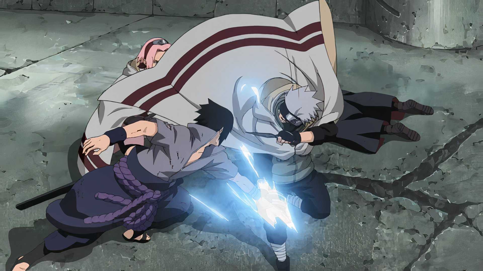 Kakashi saves Sakura by deflecting Sasuke's chidori in Episode 214 of Naruto: Shippuden