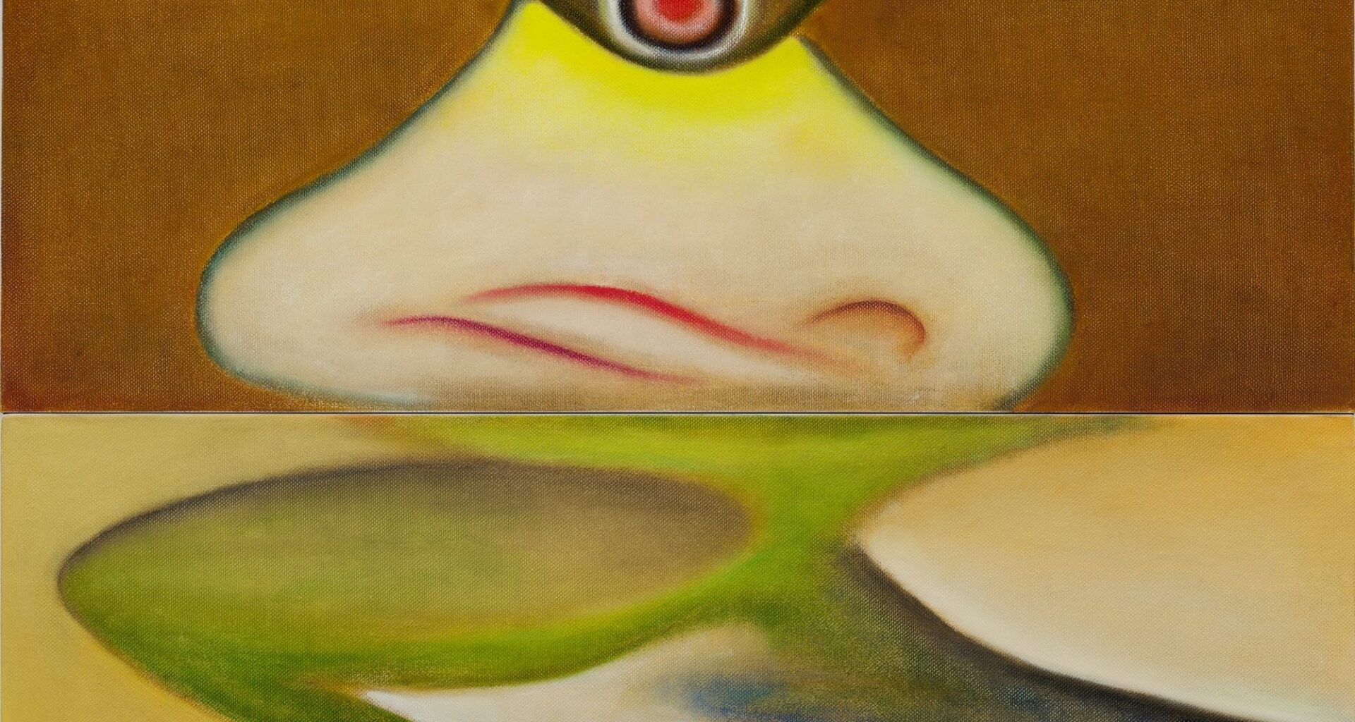a painting by Izumi Kato of a surreal figure and a fish