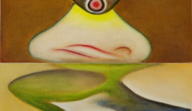 a painting by Izumi Kato of a surreal figure and a fish