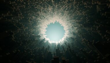 A dark tunnel of extruded rectangular blocks surrounding a bright central light source